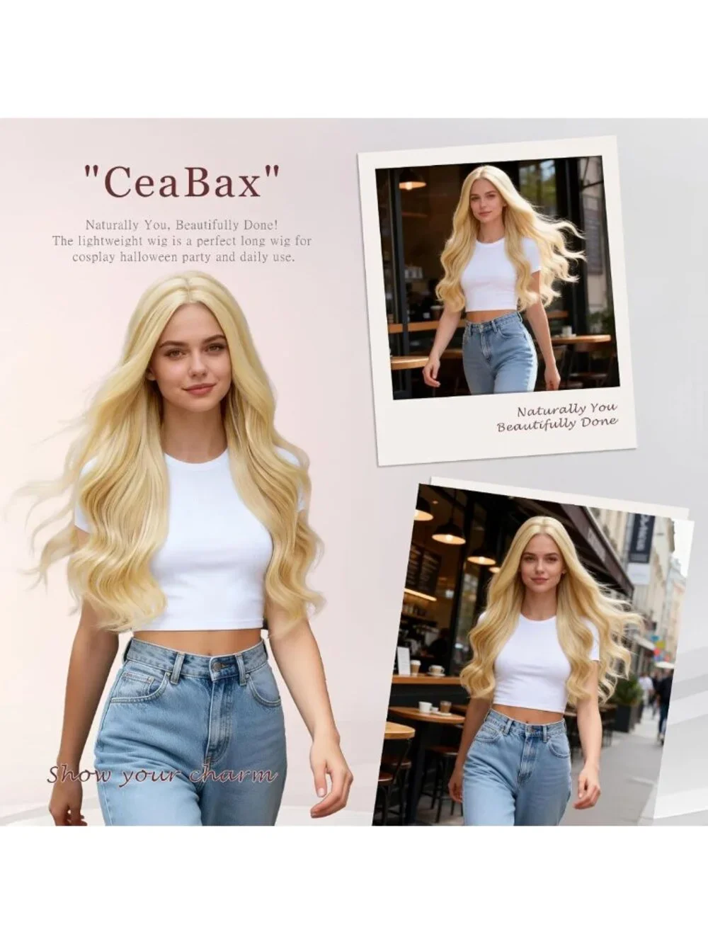 26-Inch Long Blonde Wavy Wig for Women - Middle Part Synthetic Hairpiece